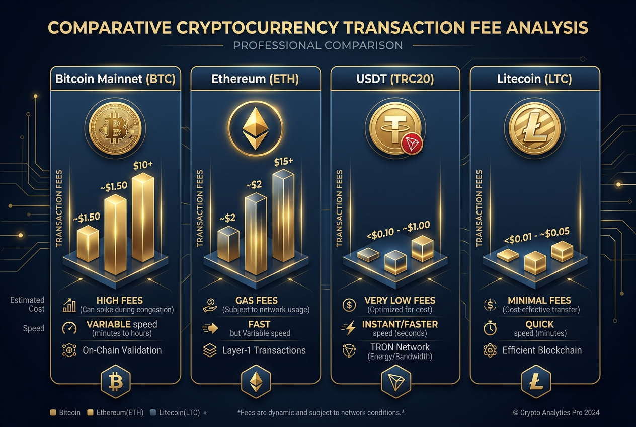Infografika porównująca koszty transakcyjne różnych sieci kryptowalutowych