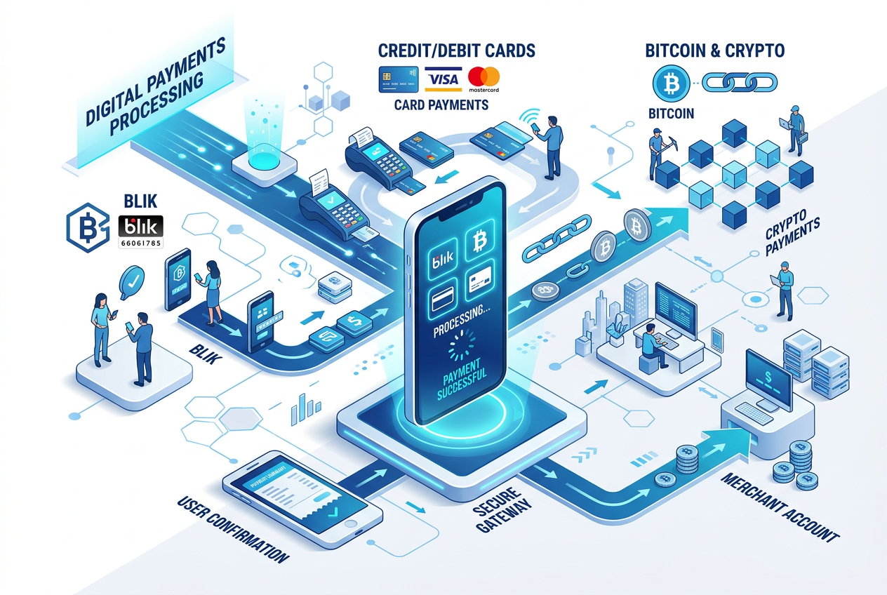 Infografika metod płatności w kasynie: BLIK, Revolut, Kryptowaluty na tle nowoczesnego interfejsu